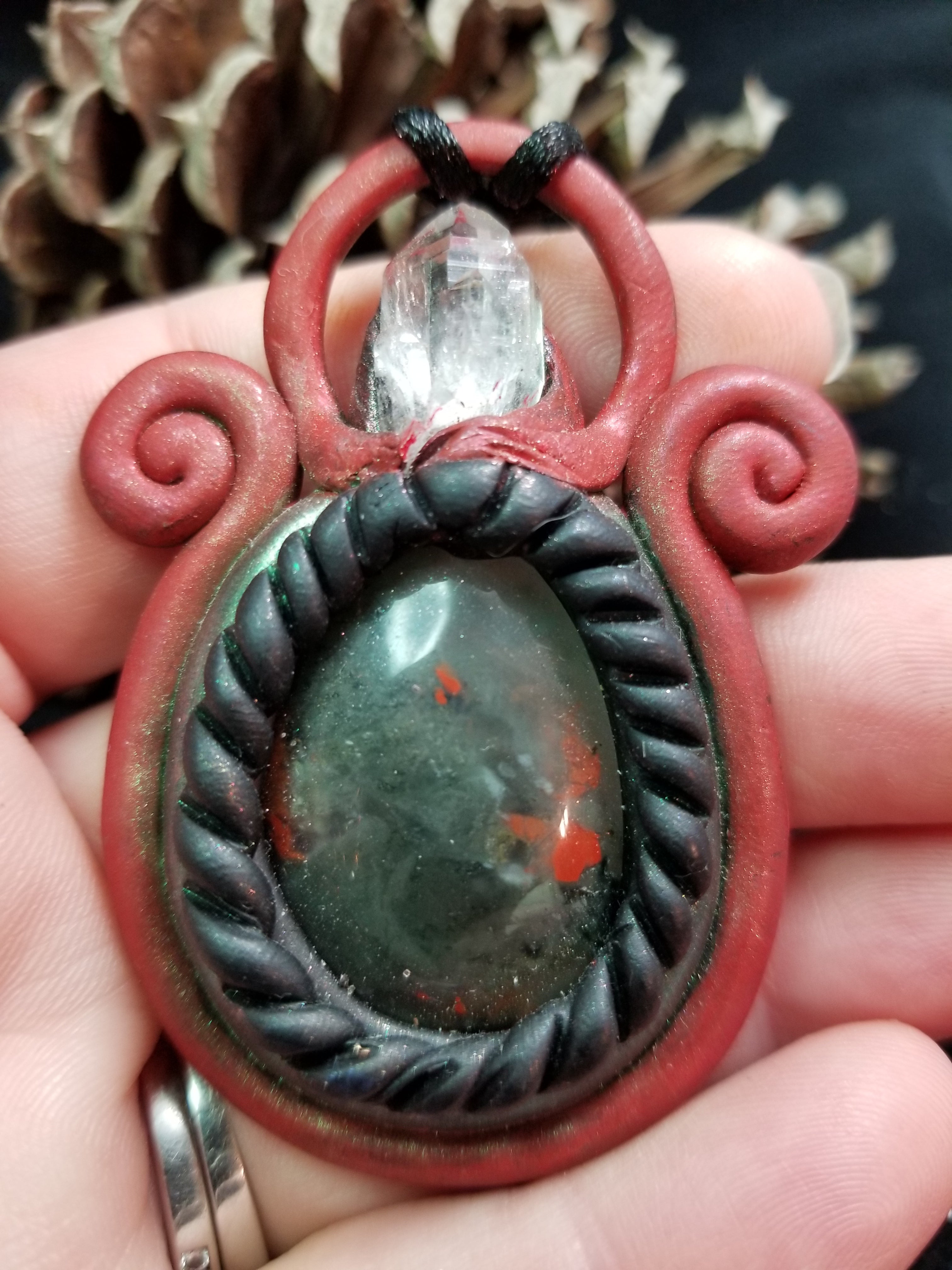 Bloodstone  and clear quartz Pendant